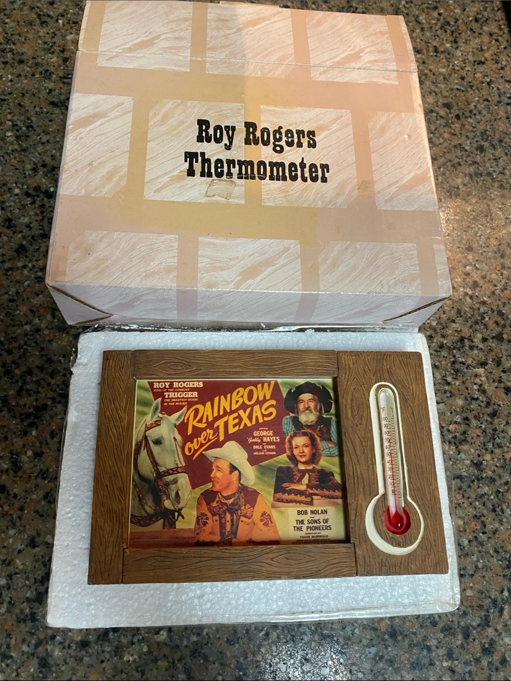 New in Box Roy Rogers Wall Thermometer with Brown Frame